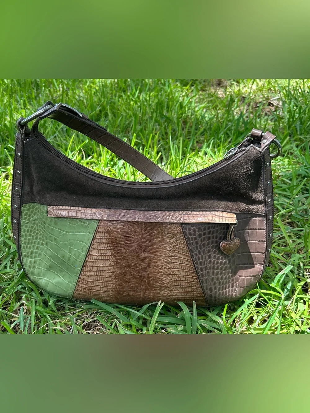 Vintage Sharif Women's Multi-Texture Patchwork Hobo Bag in Brown, Green & Cream